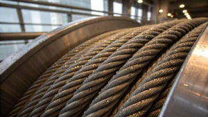 Close-up of steel wire ropes used in elevators