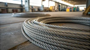 Close-up of various steel wire ropes on an industrial surface
