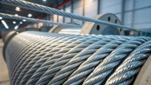 Close-up of steel wire ropes with zinc coating