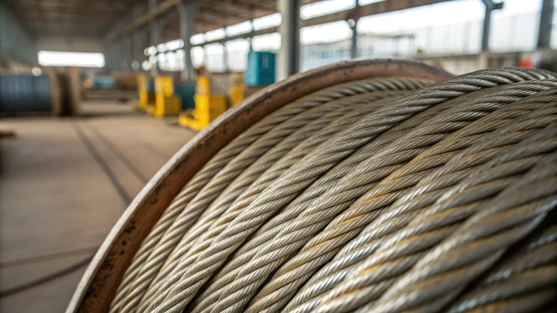 Close-up of steel wire ropes with industrial background