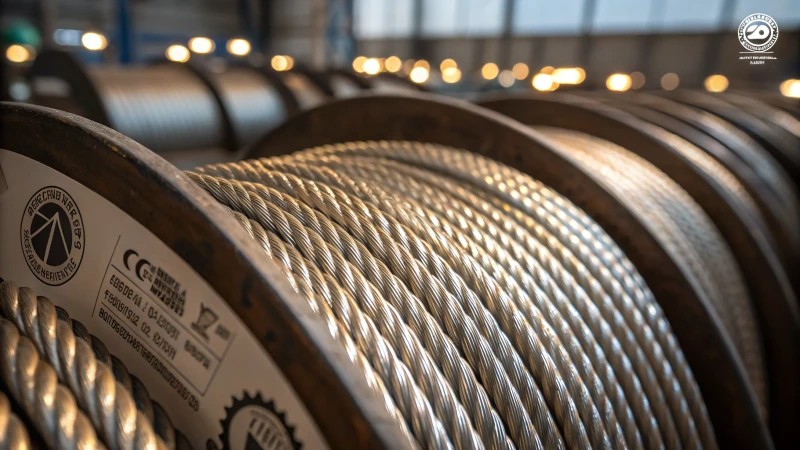 Close-up of steel wire ropes with certification labels