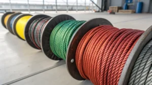 Colorful steel wire ropes with distinct markings on a neutral background
