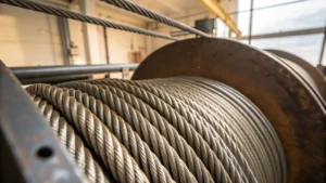 Close-up of steel wire ropes used in an elevator