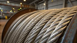 Close-up of steel wire ropes used in elevators