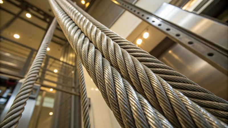 Close-up of steel wire ropes used in an elevator system