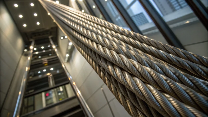 Close-up of steel wire ropes in an elevator shaft