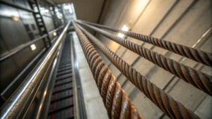 Close-up of steel wire ropes in an elevator shaft with corrosion prevention methods