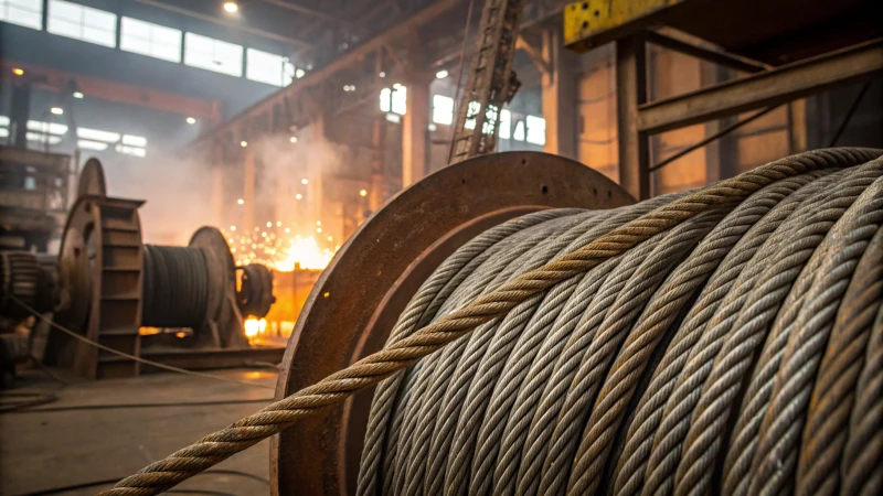 Close-up of steel wire ropes in a hot industrial setting