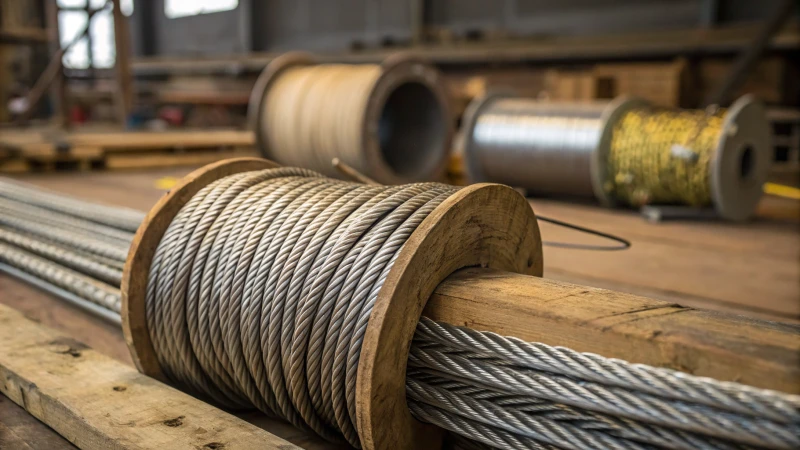 Close-up of steel wire ropes on a wooden surface