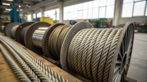 Close-up of various steel wire ropes on a workbench