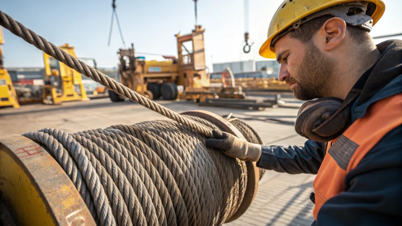 A technician inspecting a large steel wire rope in an industrial setting.