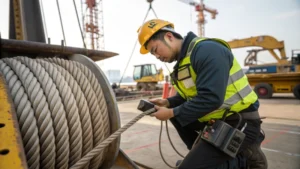 Technician inspecting steel wire rope with ultrasonic testing equipment