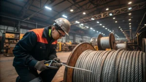 Technician measuring steel wire rope in an industrial workshop