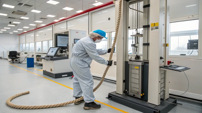 A technician conducting ISO 7687 testing on a thick rope in a modern laboratory.