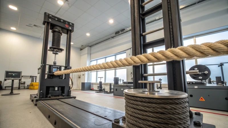 A tensile strength testing machine in a laboratory with a rope being tested