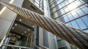 Close-up of thick steel wire rope used in outdoor elevators