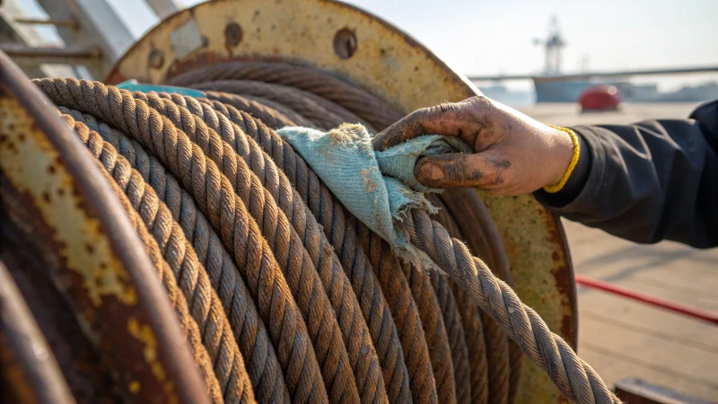 Close-up of a rusted steel wire rope being lubricated