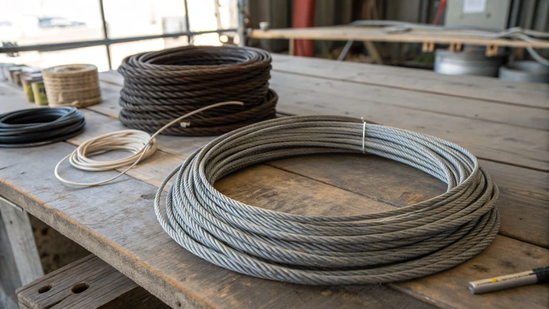 Collection of wire ropes on a wooden table